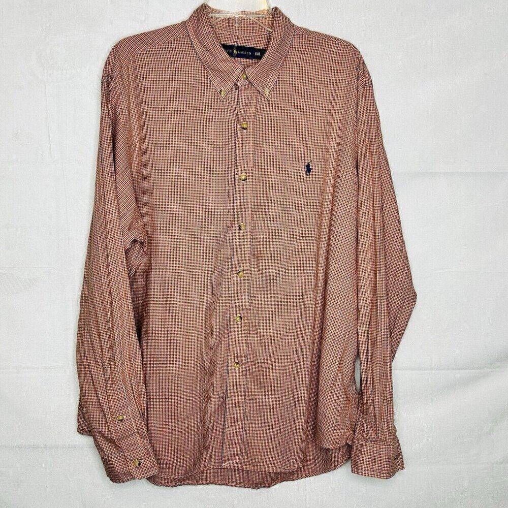 Vintage Ralph Lauren Mens 2XL Collared Button-Down Shirt Plaid Orange Blue